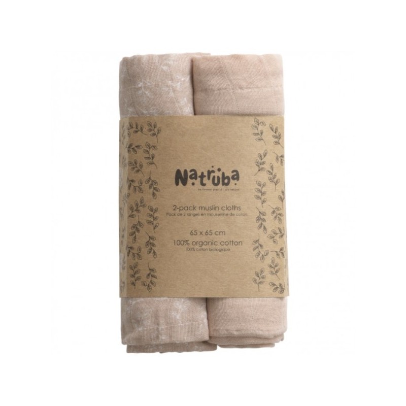 NATRUBA 100% ORGANIC 2 PETITS LANGES EN MOUSSELINE DE COTON BIO "ROSE POUDRE" (65 X 65 CM)