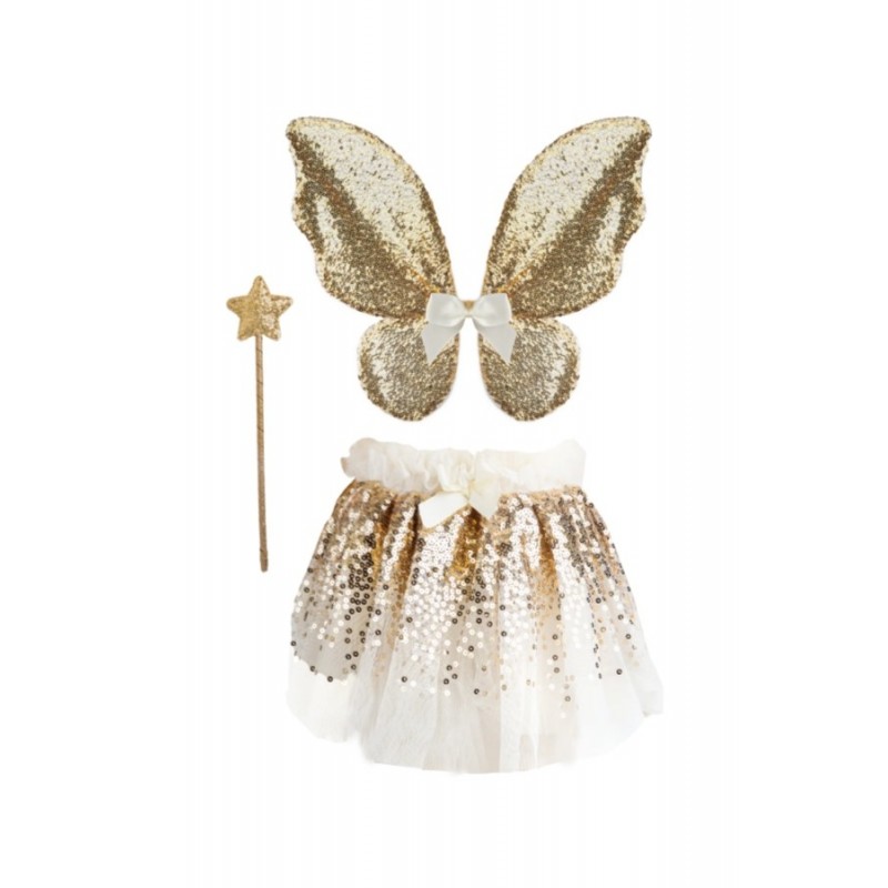 DEGUISEMENT PAPILLON SEQUIN DORE (JUPE, AILES ET BAGUETTE), 4 – 7 ANS