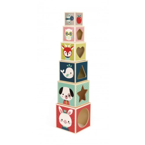 CUBES A EMPILER EN BOIS PYRAMIDE 6 CUBES BABY FOREST