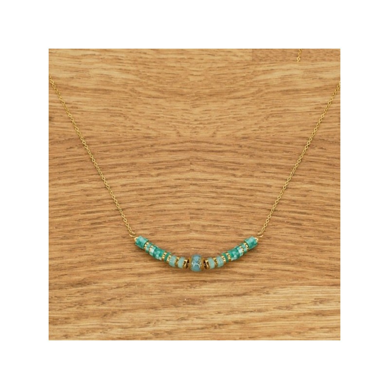 COLLIER ACIER INOXYDABLE DORE CERAMIQUE ET AMAZONITE