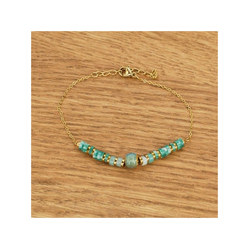 BRACELET ACIER INOXYDABLE DORE CERAMIQUE ET AMAZONITE