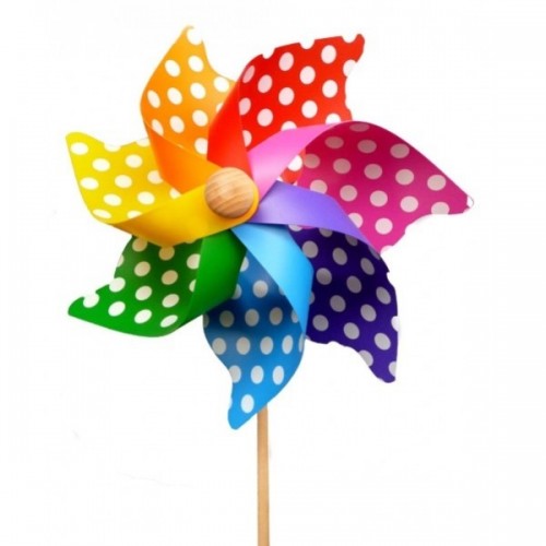 MOULIN A VENT UNI OU A POIS + FEUILLE (TIGE BOIS 45 CM, DIAM 20 CM)