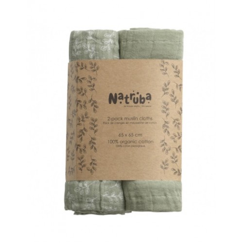 NATRUBA 100% ORGANIC 2 PETITS LANGES EN MOUSSELINE DE COTON BIO &quot;VERT&quot; (65 X 65 CM)