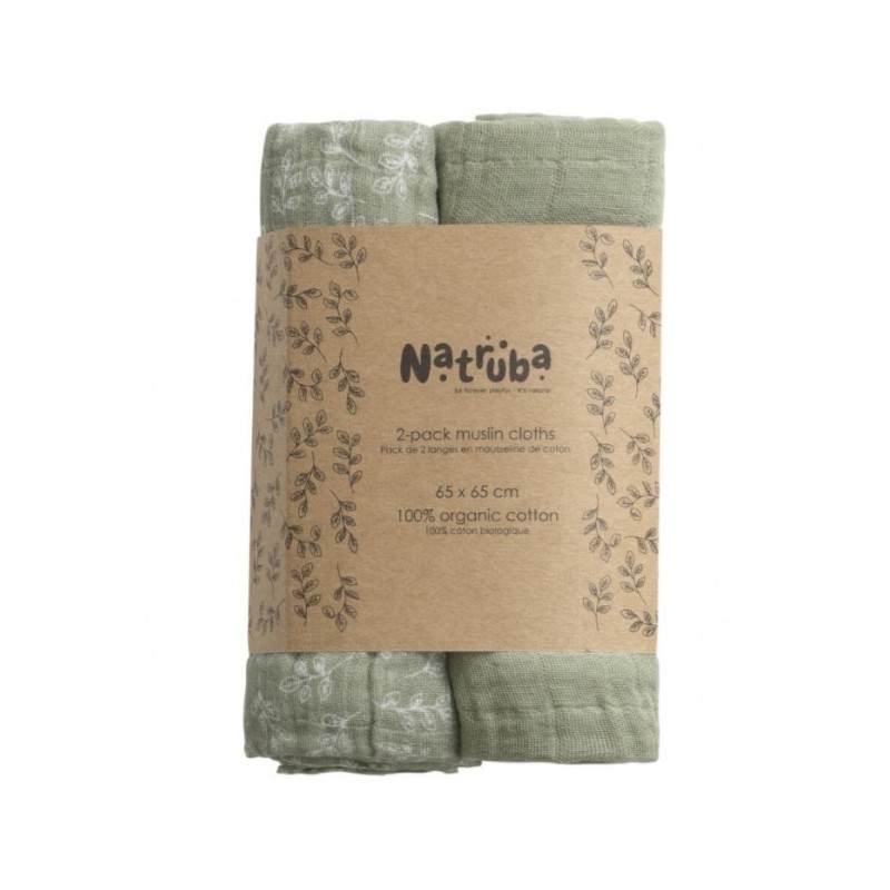 NATRUBA 100% ORGANIC 2 PETITS LANGES EN MOUSSELINE DE COTON BIO "VERT" (65 X 65 CM)